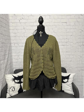 VTG Avalin Olive Green Knit Buttoned Cardigan Sz XL Fairy Core Whimsy Grunge